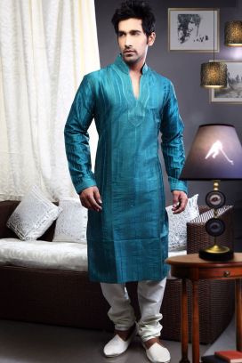 Dark Blue Art Dupion Indian Kurta Pajama (KFM-1456)