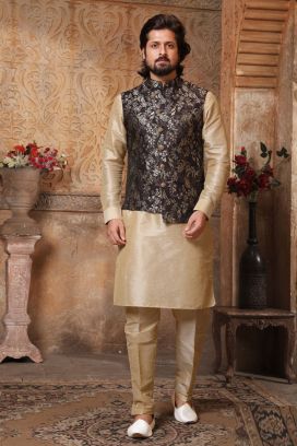 Dark Gold Art Banarasi Silk Mens Nehru Jacket (KFM-5630)