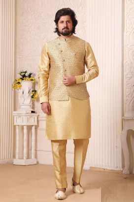 Dark Gold Art Banarasi Silk Nehru Jacket (KFM-5608)