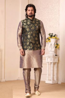 Dark Green Art Banarasi Silk Nehru Jacket (KFM-5635)