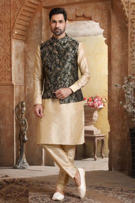Dark Green, Dark Gold Art Banarasi Silk Nehru Jacket (KFM-5629)
