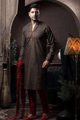 Dark Mehendi Silk Kurta Pajama (KFM-6088)