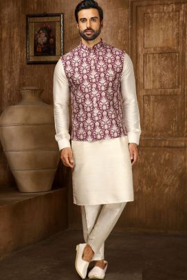 Dark Onion Pink Art Silk Nehru Jacket (KFM-6319)