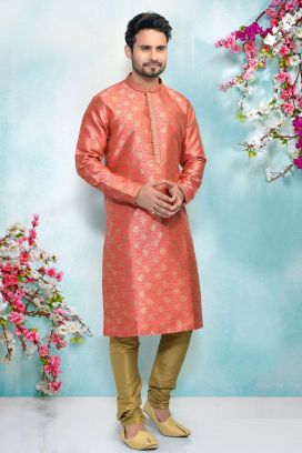 Dark Pink Jaquard Silk Brocade Kurta Pajama (KFM-4898)