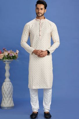 Digital Printed Beige Cotton Kurta Pajama (KFM-7527)