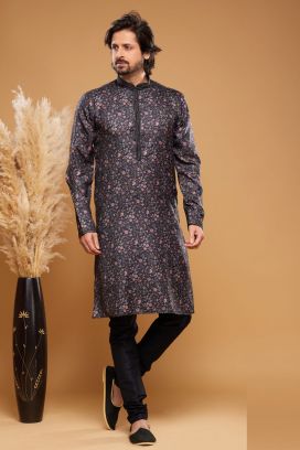 Digital Printed Black Art Silk Kurta Pajama (KFM-7062)