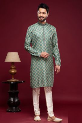 Digital Printed Blue Art Silk Kurta Pajama (KFM-7054)