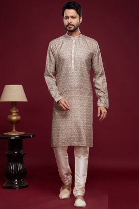 Digital Printed Brown Art Silk Kurta Pajama (KFM-7052)