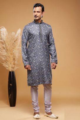 Digital Printed Dark Grey Art Silk Kurta Pajama (KFM-7046)