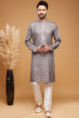 Digital Printed Grey Art Silk Kurta Pajama (KFM-7060)
