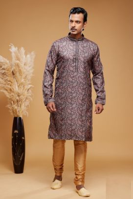 Digital Printed Purple Grey Art Silk Kurta Pajama (KFM-7048)