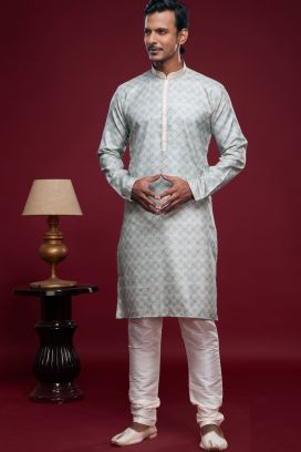 Digital Printed Sky Blue Art Silk Kurta Pajama (KFM-7041)