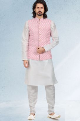 Embroidered Art Silk Pink Nehru Jacket for Men (KFM-6469)