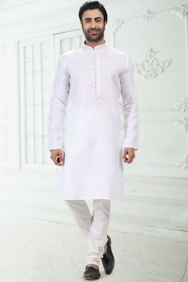 Embroidered Linen Cotton Off White Kurta Pajama (KFM-6645)