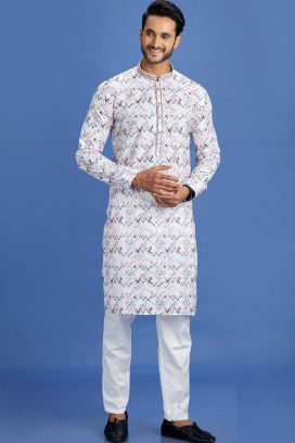 Embroidered Off White Cotton Kurta Pajama (KFM-7518)