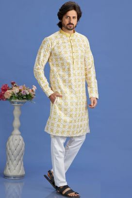 Embroidered Yellow Cotton Kurta Pajama (KFM-7515)