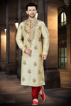 Gold Art Dupion Designer Kurta Pajama (KFM-3784)
