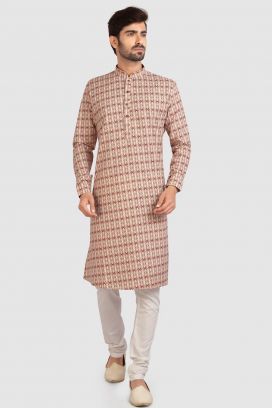 Gold Cotton Printed Mens Kurta Pajama (KFM-5730)