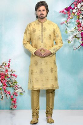 Gold Jaquard Silk Brocade Kurtas for Men (KFM-4889)