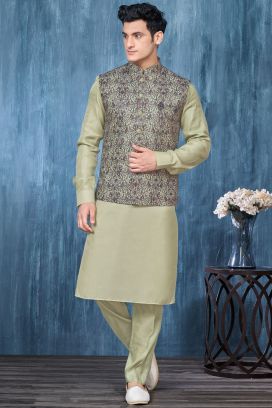 Green Art Banarasi Silk Nehru Jacket (KFM-7416)
