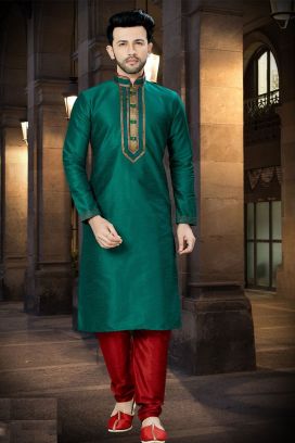 Green Art Dupion Regular Kurta Pajama (KFM-3776)