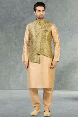 Green Jaquard Banarasi Silk Mens Nehru Jacket (KFM-5225)