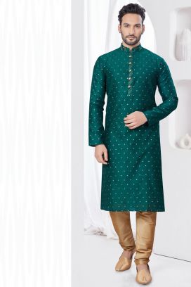 Green Jaquard Mens Kurta Pajama (KFM-7809)