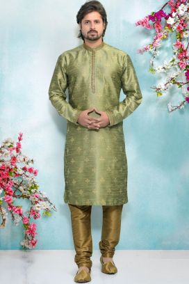 Green Jaquard Silk Brocade Kurta for Men (KFM-4920)