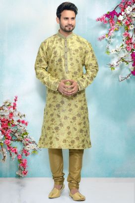 Green Jaquard Silk Brocade Kurta Pajama (KFM-4884)