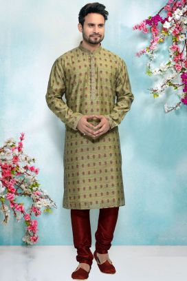 Green Jaquard Silk Brocade Kurta Pajama (KFM-4928)