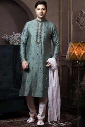 Green Silk Mens Kurta Pajama (KFM-6040)