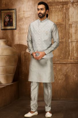 Grey Art Banarasi Silk Nehru Jacket for Men (KFM-6294)