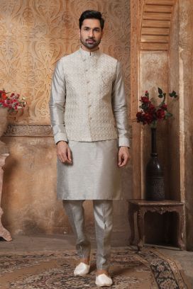 Grey Art Banarasi Silk Nehru Jacket (KFM-5602)