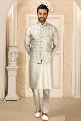 Grey Art Banarasi Silk Nehru Jacket (KFM-6291)