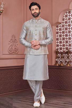 Grey Art Banarasi Silk Nehru Jacket (KFM-7400)
