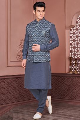 Grey Art Banarasi Silk Nehru Jacket (KFM-7408)