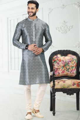 Grey Banarasi Silk Casual Kurta Pajama (KFM-6692)