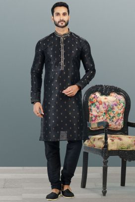 Jaquard Banarasi Silk Black Mens Kurta Pajama (KFM-6644)