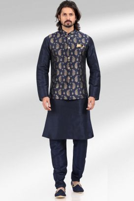 Jaquard Banarasi Silk Blue Nehru Jacket (KFM-6489)