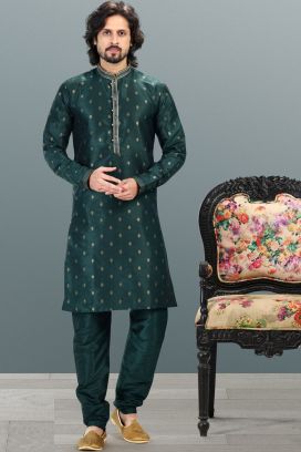 Jaquard Banarasi Silk Green Kurtas for Men (KFM-6642)
