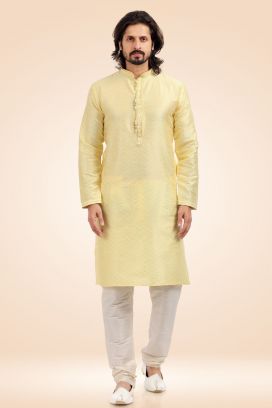 Jaquard Banarasi Silk Mens Kurta Pajama in Lemon (KFM-6444)