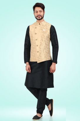 Jaquard Banarasi Silk Mens Nehru Jacket in Gold (KFM-6486)