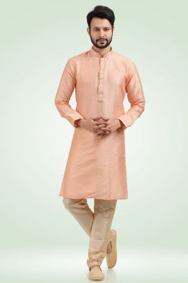 Jaquard Banarasi Silk Peach Mens Kurta Pajama (KFM-6445)