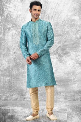 Jaquard Silk Brocade Blue Kurta Pajama (KFM-6592)