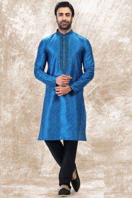Jaquard Silk Brocade Blue Kurtas for Men (KFM-6603)