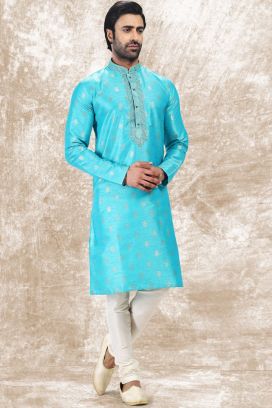 Jaquard Silk Brocade Blue Mens Kurta (KFM-6597)