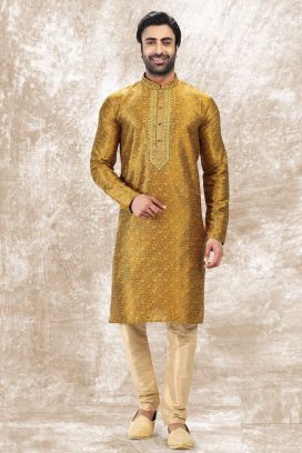 Jaquard Silk Brocade Golden Kurta Pajama (KFM-6593)