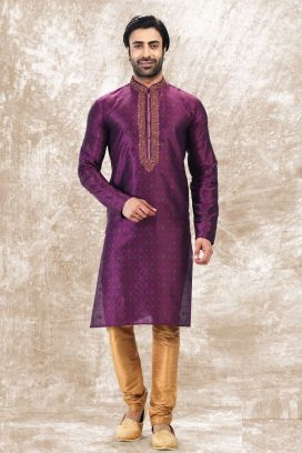 Jaquard Silk Brocade Kurta Pajama in Magenta (KFM-6601)