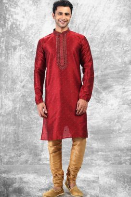 Jaquard Silk Brocade Maroon Kurta Pajama (KFM-6594)
