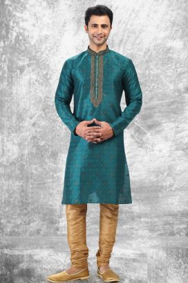 Jaquard Silk Brocade Teal Blue Mens Kurta Pajama (KFM-6600)